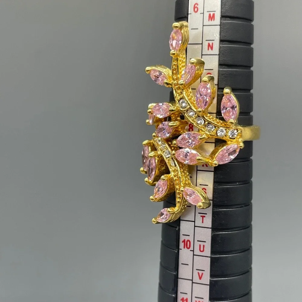 Seta Pink Marquise Crystal Floral Vine Bypass Ring Gold Tone Statement Size 7.5
